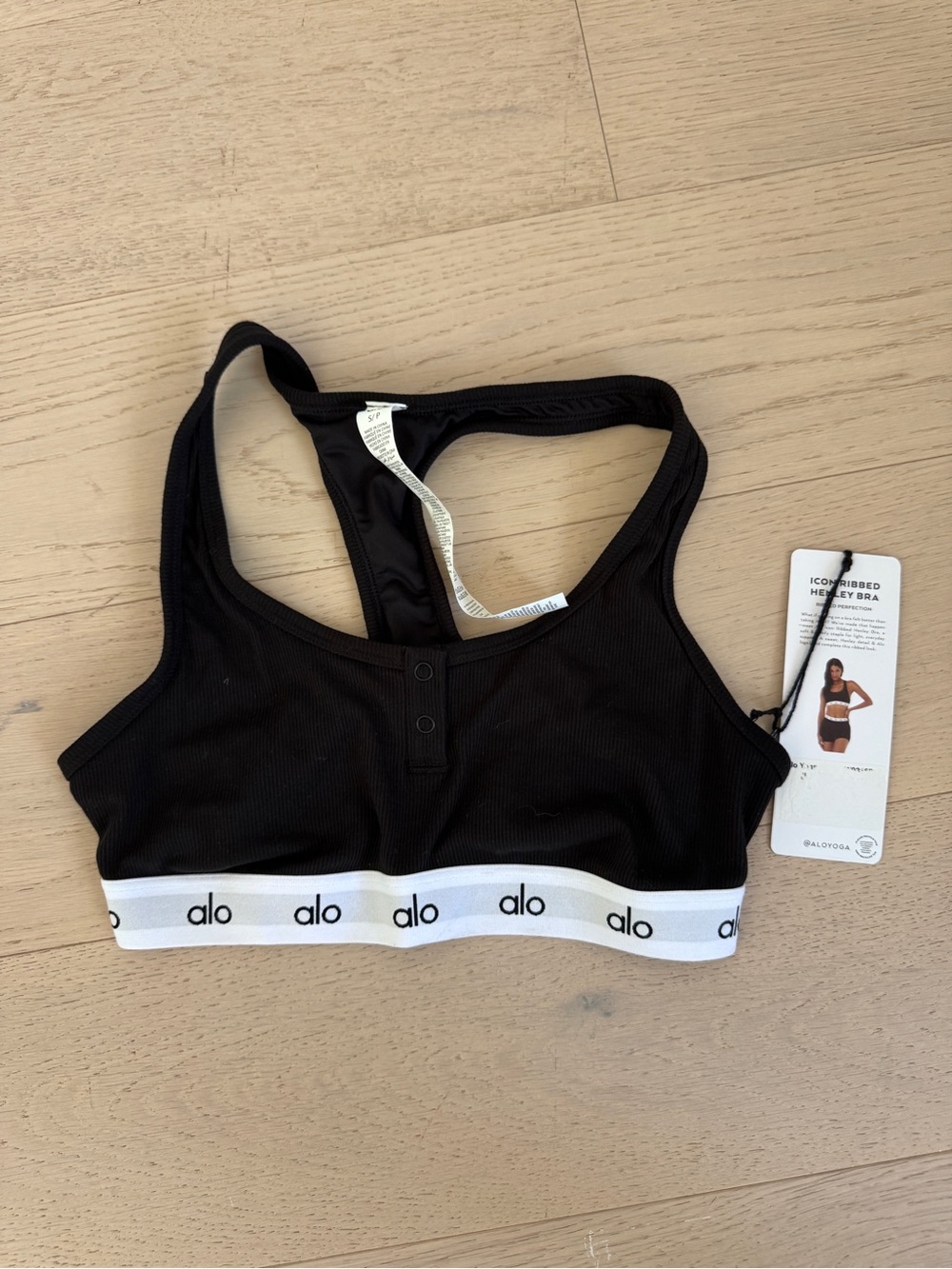 ALO Yoga Black Ribbed Henley Sports Bra with White Logo Band
